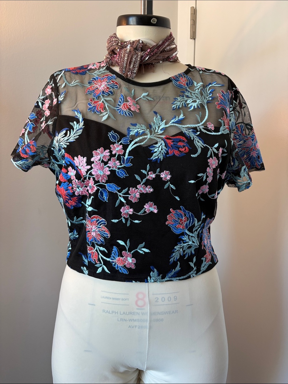 Lipsy Black Sheer Mesh Crop Top with Pink & Blue Floral Embroidery